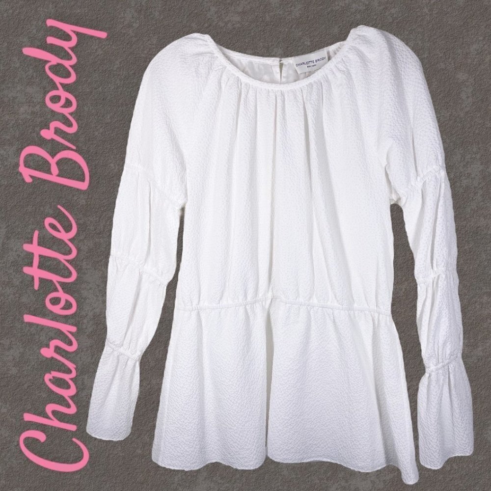 NWT CHARLOTTE BRODY Versailles Seersucker Long Sleeve Blouse In White,‎ Medium